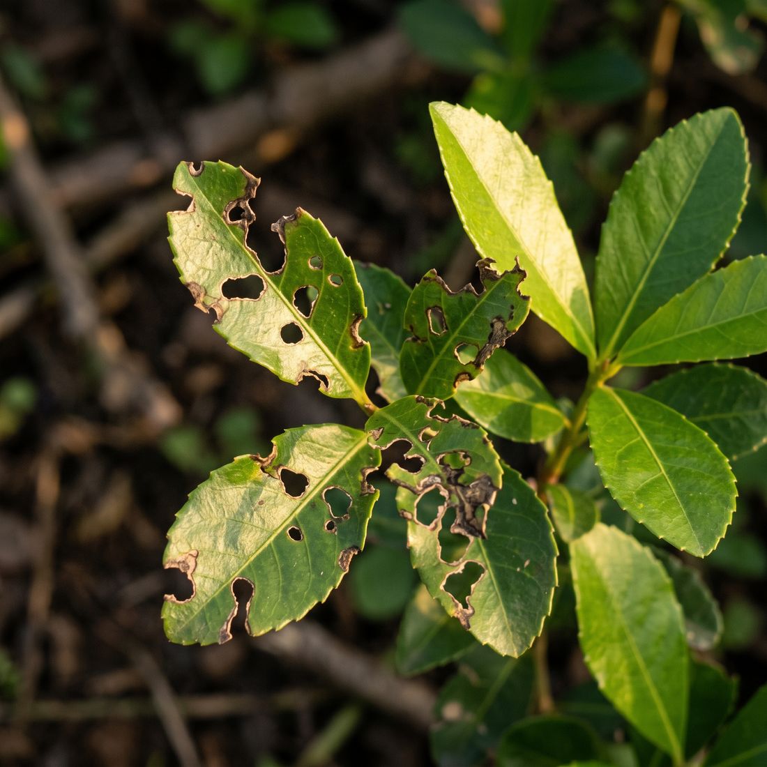 Hojas de yerba mate con agujeros por plaga