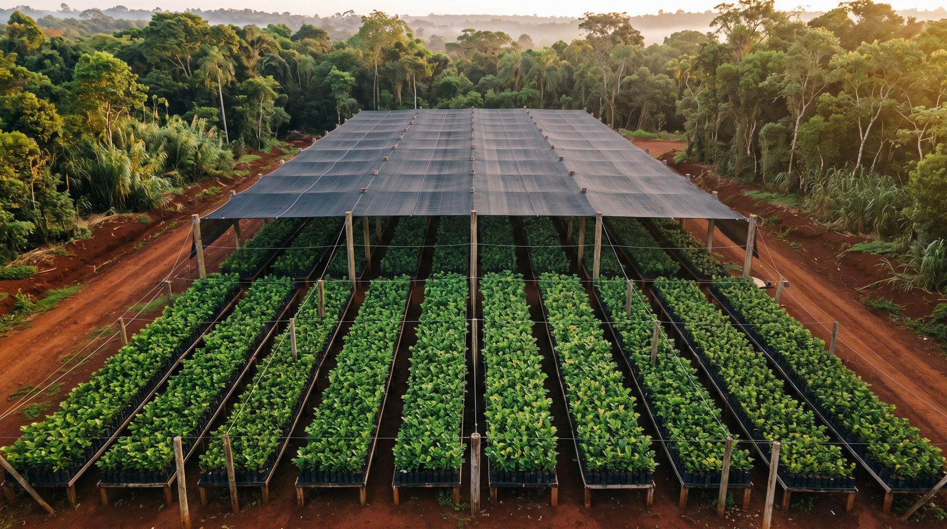 Vivero visto desde arriba, con la mediasombra desplegada sobre el fondo