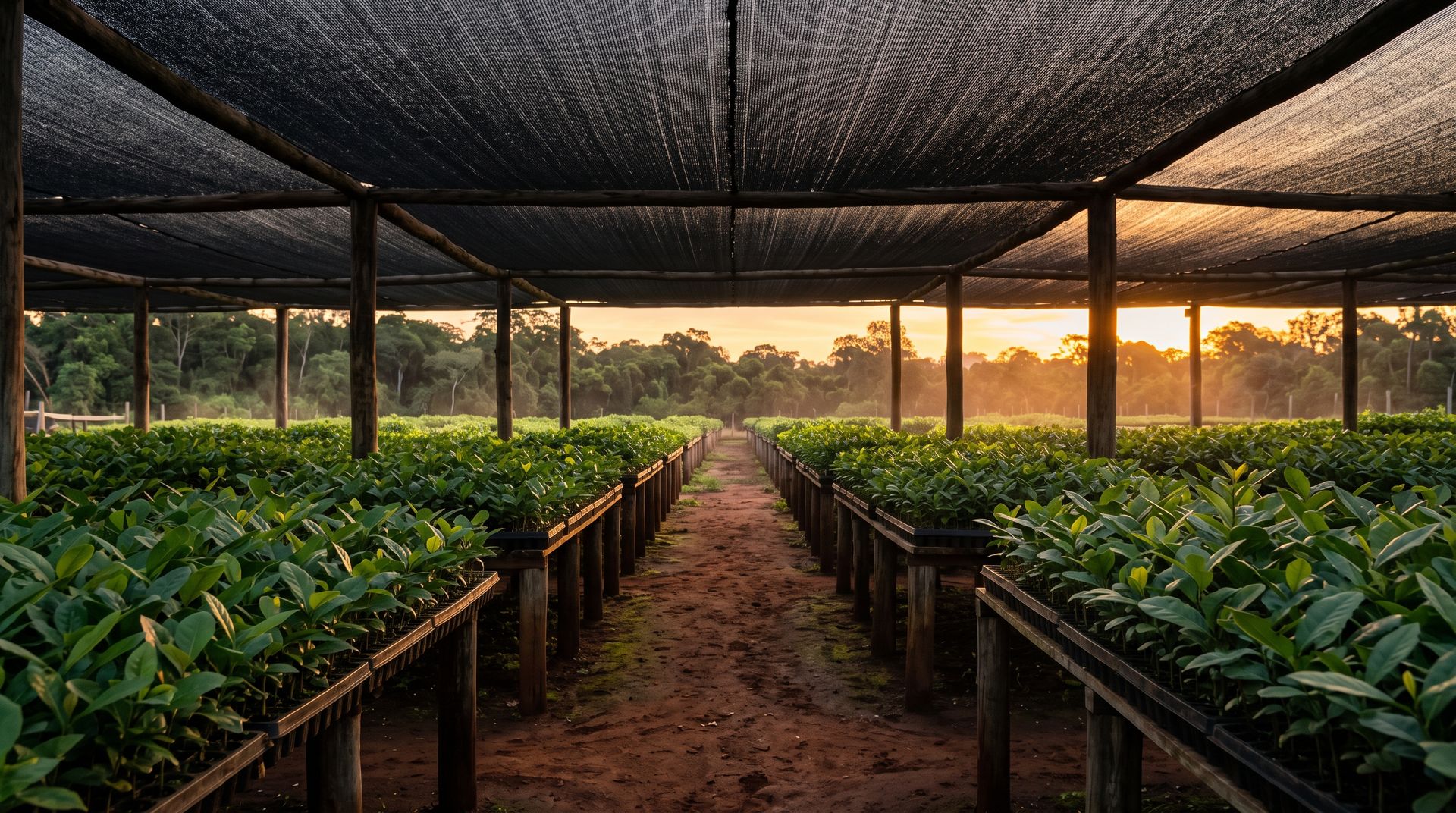 Vivero de yerba mate al atardecer, con un pasillo largo bajo la mediasombra